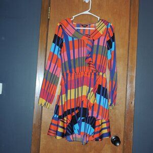 Express Colorful Geometric Ruffle Dress | Long Sleeve Fit & Flare | Size M